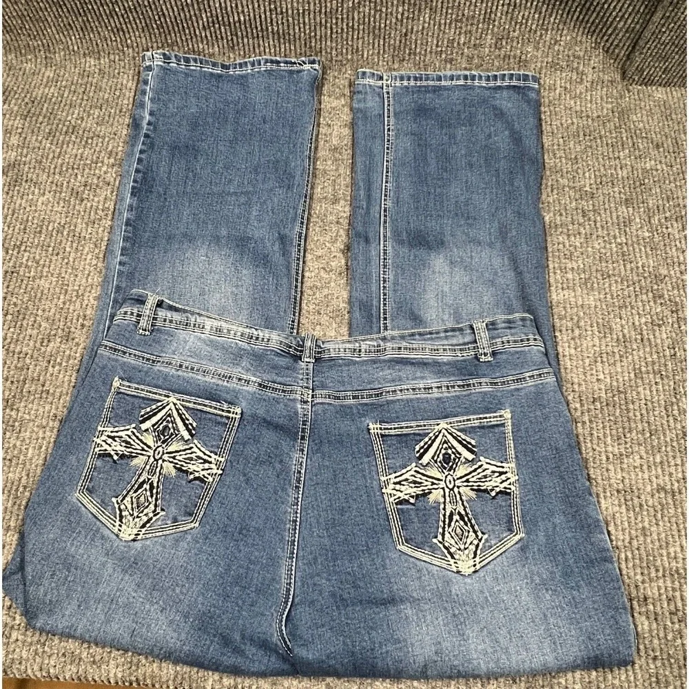 Elite Bootcut Denim Jeans Womens 19/20 Blue Distressed Stretch‎ Pant Embroidered